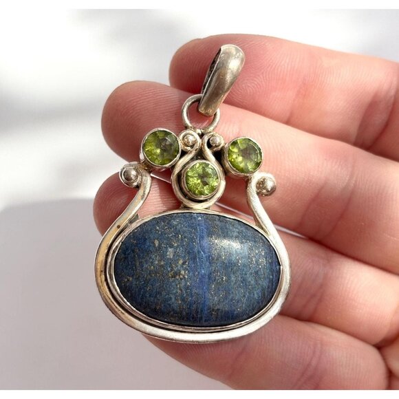 Lapis Lazuli Peridot Semi-Precious Sterling Silver Southwest 925 VintagePendant - Picture 1 of 10